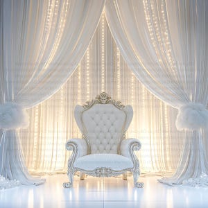 Elegant White Throne Chair Memorial Background, Gold Trim & Curtain Lights Scene, Digital Obituary Backdrop for Funeral, Celebration of Life