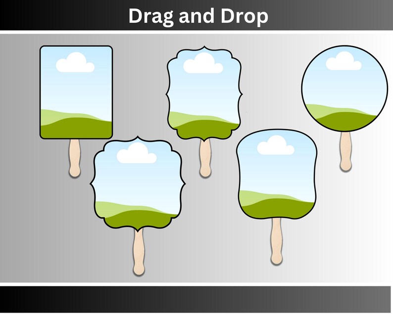 May include: Five different shaped hand fans with a blue sky, white cloud, and green grass design. The fans are labelled "Drag and Drop".