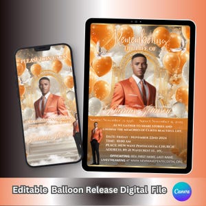 May include: A digital invitation for a memorial service with a photo of a man in a suit. The invitation features a background of orange and white balloons and the text "Remembering the Life of Parrius Johnson". The invitation includes the date, time, and location of the service, as well as the officiant's name and the livestreaming link.