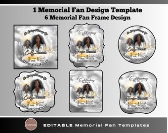 May include: Six editable memorial fan templates with a white background and a black frame. The templates feature a photo of a woman with a white cloud background and the text "Celebrating the Life of" and "Forever in Our Hearts".