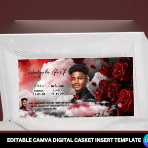 Digital Casket Panel Design Template, Memorial Casket Panel Template, Canva RIP Casket Panel Insert, Red Roses Casket Insert