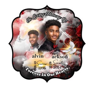 May include: A memorial plaque with a black frame and a white background. The plaque features two photos of a young man, a red and white cloudy sky, and the text "In Loving Memory Of alvin jackson Sunrise 06.10.1996 Sunset 12.29.2024 Forever In Our Hearts".