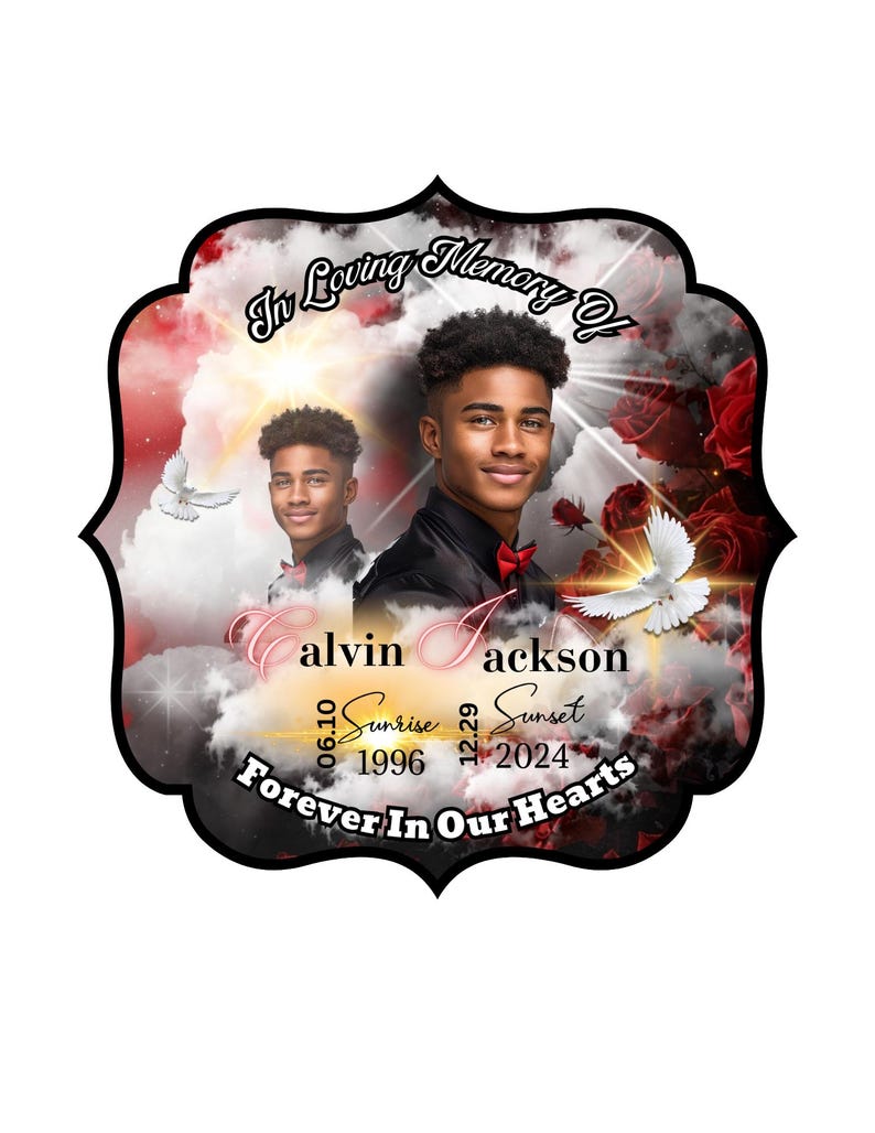 May include: A memorial plaque with a black frame and a white background. The plaque features two photos of a young man, a red and white cloudy sky, and the text "In Loving Memory Of alvin jackson Sunrise 06.10.1996 Sunset 12.29.2024 Forever In Our Hearts".