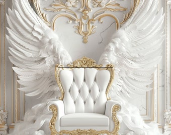 White and Gold Memorial Angel Chair Background, White Angel Wings White Background, Memorial PNG, RIP, Memorial, Baby Shower Background