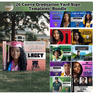 May include: A set of 26 customizable graduation yard signs featuring different school mascots and colors. The signs are designed for the class of 2025 and include the graduate's name, school name, and graduation year.
