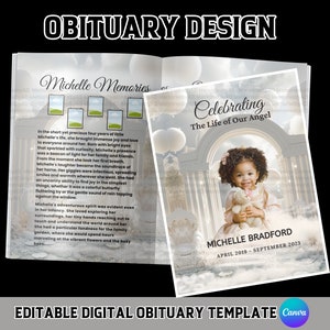 May include: Editable digital obituary template with a white background and a photo of a young girl holding a teddy bear. The text "Celebrating The Life of Our Angel" is at the top of the page. The text "Michelle Bradford April 2019 - September 2023" is at the bottom of the page.