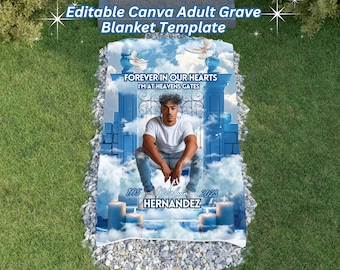 Blue Chair Heavenly Gates Grave Blanket, Editable Canva Adult Grave Blanket Template, Adult in Loving Memory Memorial Grave Blanket Template