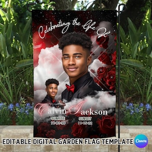 May include: A black and white garden flag with a photo of a young man. The flag has a red and white cloud background with red roses. The text "Celebrating the life of" is at the top of the flag. The text "alvin jackson" is at the bottom of the flag. The text "Sunrise 11-01-96" and "Sunset 11-15-22" are also on the flag.