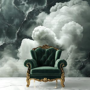 May include: A luxurious emerald green armchair with gold trim and ornate detailing. The chair is set against a backdrop of a cloudy sky and marble flooring, creating a dramatic and elegant scene.
