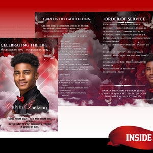 K&ouml;nnte beinhalten: Ein Trauerprogramm in Rot und Schwarz. Das Programm zeigt ein Foto eines jungen Mannes mit dem Text "Celebrating the Life" und "Calvin Jackson" auf der linken Seite. Die rechte Seite des Programms enth&auml;lt die Reihenfolge des Gottesdienstes und die Informationen zum Bestattungsunternehmen. Der Text "Great is Thy Faithfulness" ist in einer dekorativen Schriftart gedruckt.
