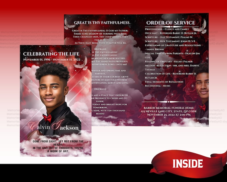 K&ouml;nnte beinhalten: Ein Trauerprogramm in Rot und Schwarz. Das Programm zeigt ein Foto eines jungen Mannes mit dem Text "Celebrating the Life" und "Calvin Jackson" auf der linken Seite. Die rechte Seite des Programms enth&auml;lt die Reihenfolge des Gottesdienstes und die Informationen zum Bestattungsunternehmen. Der Text "Great is Thy Faithfulness" ist in einer dekorativen Schriftart gedruckt.