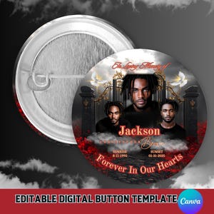 Red and Black Memorial Button Template, Editable Canva Memorial Template,  Digital Funeral Button Design Template, Editable Memorial Button,