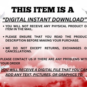 K&ouml;nnte beinhalten: Eine rote und wei&szlig;e Grafik mit dem Text "THIS ITEM IS A "DIGITAL INSTANT DOWNLOAD"" und einer Liste mit Aufz&auml;hlungszeichen. Die Aufz&auml;hlungszeichen geben an, dass der Artikel ein digitaler Download ist, dass der K&auml;ufer kein physisches Produkt erh&auml;lt, dass der K&auml;ufer die Produktbeschreibung vor dem Kauf lesen sollte und dass R&uuml;ckgaben, Umtausch oder Stornierungen nicht akzeptiert werden. Die Grafik enth&auml;lt auch zwei wei&szlig;e Tauben.