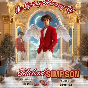 May include: A memorial image with a man in a red jacket and white pants standing in front of a golden archway with angel wings. The text "In Loving Memory Of" is at the top of the image, and the text "Michael SIMPSON" is at the bottom of the image. The dates "06-23-91" and "09-01-23" are also included in the image.