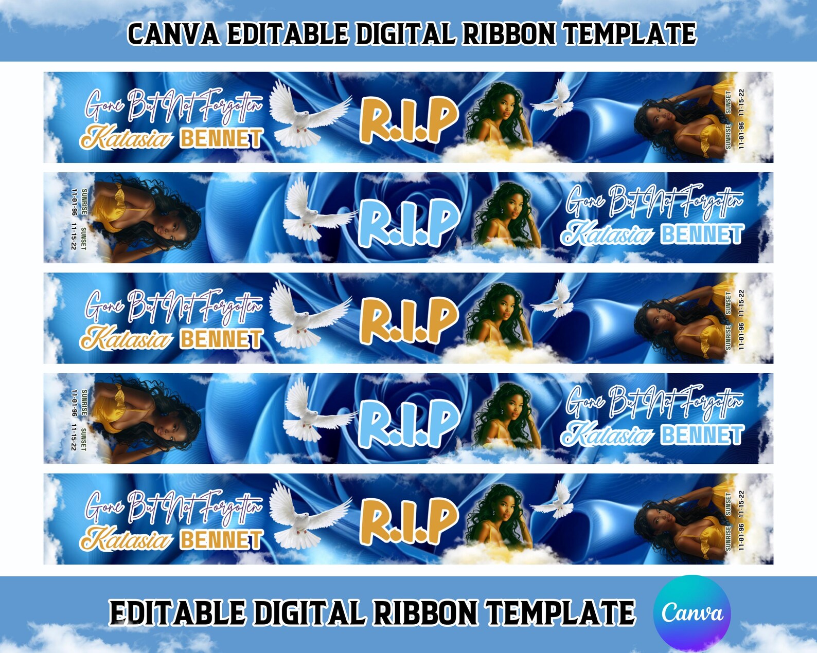 Blue Rose Memorial Ribbon Template, Memorial Ribbon Template, Digital ...