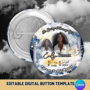 May include: A digital button template with a photo of a woman in a white dress against a blue and white cloudy background. The text reads "In Loving Memory Of Evelyn Bennet Sunrise 06.10.1948 Sunset 12.29.2024 Forever In Our Hearts".