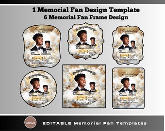 May include: Six printable memorial fan templates with a white and gold background. The templates feature a photo of a person with the text "Celebrating the Life of" and "Forever in Our Hearts".