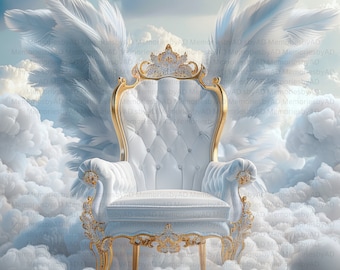 White and Gold Memorial Angel Chair Background, White Angel Wings White Background, Memorial PNG, RIP, Memorial, Baby Shower Background