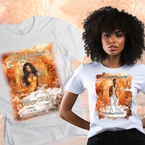 May include: Two white t-shirts with a graphic design featuring a person in a golden halo. The first shirt says "Celebrating the Little Girl" and "Tanya Wilcox" with the dates "11.01.96" and "1.13.20". The second shirt says "In Loving Memory of" and "William Wilcox".