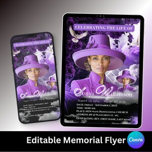 May include: Purple memorial flyer with a photo of a woman wearing a purple hat and dress. The flyer says "Celebrating the Life of Sonya Williamson" and includes the dates August 2, 1969 - August 26, 2023. The flyer also includes the date, time, place, address, and officiant for the memorial service.