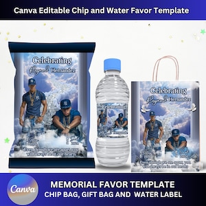 May include: A memorial favor template with a chip bag, water bottle, and gift bag. Each item features a photo of a man in a blue shirt and baseball cap, with the text "Celebrating Raymond Hernandez" and dates 1970-2024.
