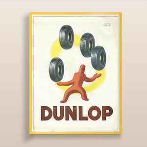 Publicidad vintage divertida de Dunlop de 1947 / Anuncio vintage francés / Ilustración de automóviles, coches y neumáticos / Arte mural vintage / Póster imprimible