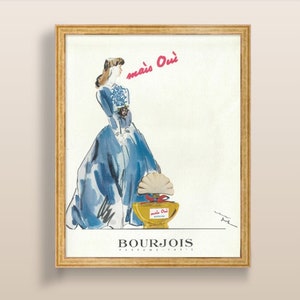 Publicidad de perfume Bourjois para mujer, 1947, ilustración de mujer, anuncio vintage francés, arte mural vintage, póster imprimible