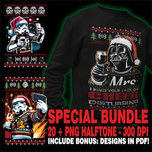 Könnte beinhalten: Ein Spezialpaket mit über 20 digitalen Designs mit Star Wars-Charakteren im Weihnachtspullover-Thema. Die Designs sind im PNG-Format, im Halbtonstil und mit 300 DPI. Das Paket enthält auch Bonus-Designs im PDF-Format. Die Designs zeigen Darth Vader und einen Stormtrooper, die Weihnachtspullover tragen und Weingläser halten. Der Text auf dem Pullover lautet "Mrs. Ich finde Ihren Mangel an Freude beunruhigend."