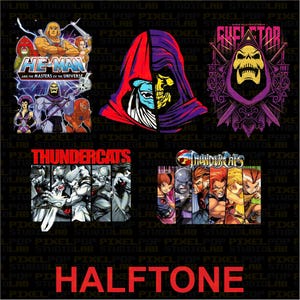 A grid of 5 designs, including He-Man and the Masters of the Universe cast, a split Mumm-Ra/Skeletor, and a Thundercats character lineup.