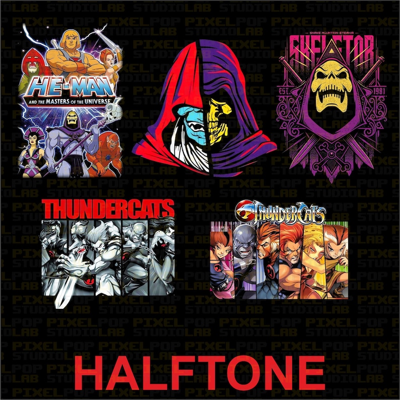 A grid of 5 designs, including He-Man and the Masters of the Universe cast, a split Mumm-Ra/Skeletor, and a Thundercats character lineup.