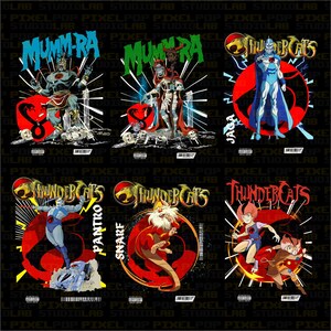 A grid of 6 Thundercats designs in a retro comic style, featuring Mumm-Ra, Jaga, Panthro, Snarf, and WilyKit/WilyKat.