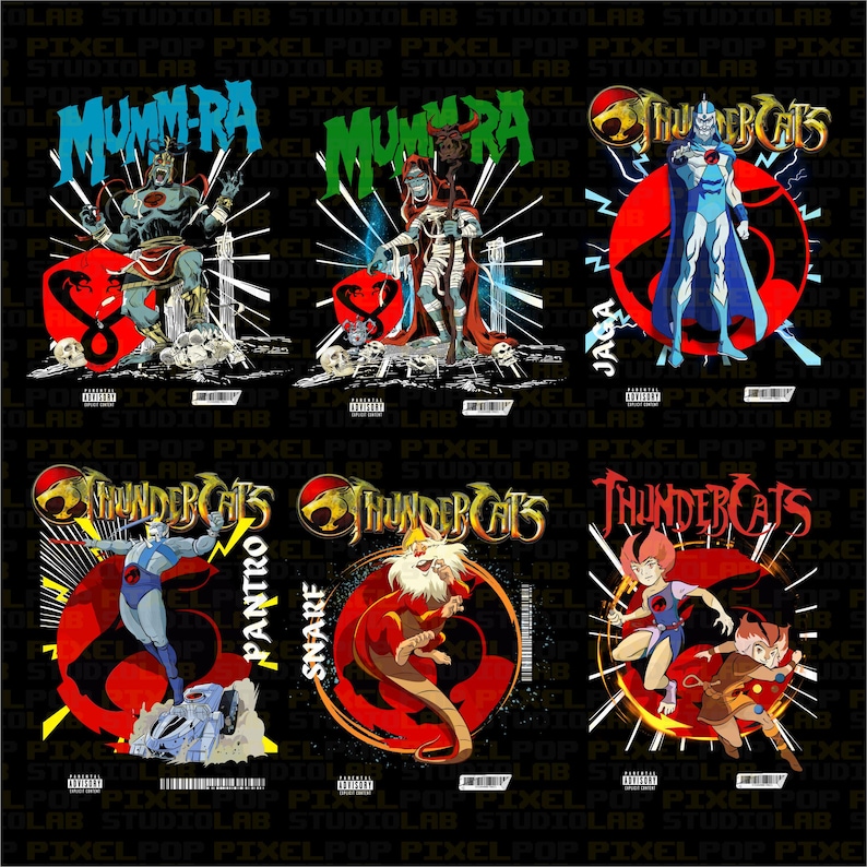 A grid of 6 Thundercats designs in a retro comic style, featuring Mumm-Ra, Jaga, Panthro, Snarf, and WilyKit/WilyKat.