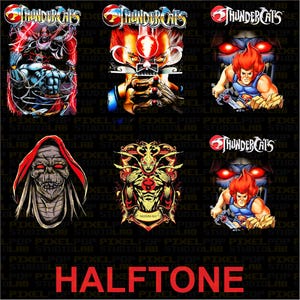 A grid of 6 detailed Thundercats designs, including Lion-O and Mumm-Ra, with "HALFTONE" text at the bottom.
