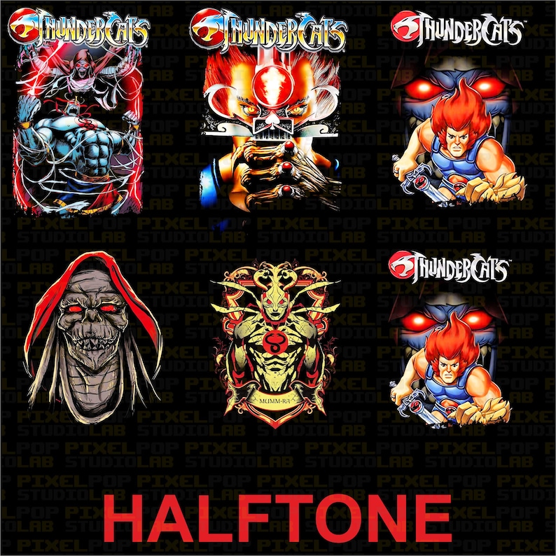 A grid of 6 detailed Thundercats designs, including Lion-O and Mumm-Ra, with "HALFTONE" text at the bottom.