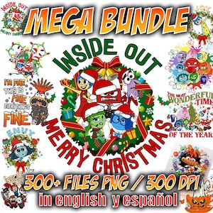 May include: A festive digital art bundle featuring characters from the movie "Inside Out" in Christmas attire. The design includes the text "Mega Bundle," "Merry Christmas," and "300+ Files PNG / 300 DPI in English y español."