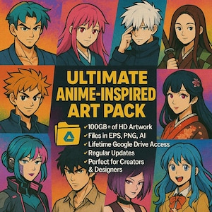Pacote de design gráfico de anime premium com mais de 10 mil itens, impressão digital de 100 GB, ideal para impressão sob demanda, camisetas, moletons, anime PNG, mega pacote, anime SVG