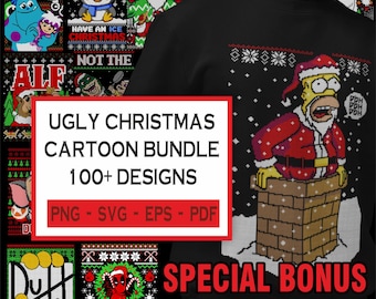 Más de 100 diseños de suéteres navideños feos, paquete de archivos SVG de dibujos animados (descarga digital)