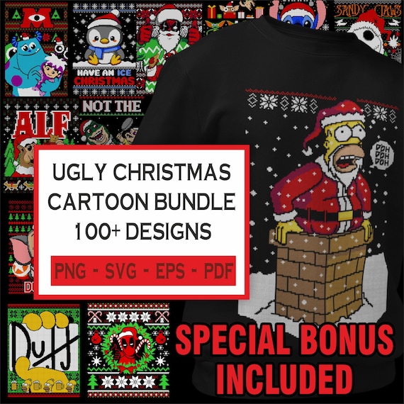 100+ Ugly Christmas Sweater Designs, Cartoon SVG Bundle (Digital Download)