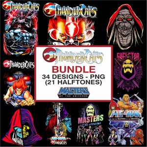 Może przedstawiać: Zbiór grafik z postaciami i logotypami z serii ThunderCats i Masters of the Universe. Projekty zawierają różne postacie i tekst "BUNDLE 34 DESIGNS - PNG (21 HALFTONES)".