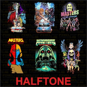 A grid of 6 retro cartoon designs, showing Thundercats/He-Man crossovers, Skeletor, and a comic-style He-Man vs. Skeletor.
