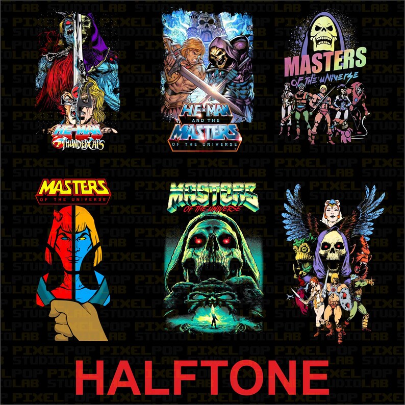 A grid of 6 retro cartoon designs, showing Thundercats/He-Man crossovers, Skeletor, and a comic-style He-Man vs. Skeletor.