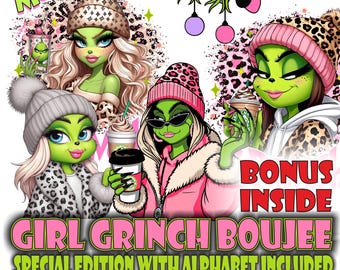 Paquete PNG de Grinch de Boujee Girl, estampado de leopardo navideño, alfabeto (descarga digital)