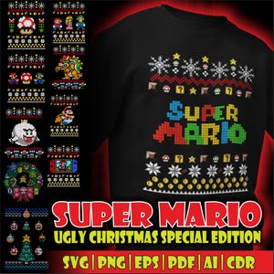 Puede incluir: Suéter navideño feo "Super Mario" negro con gráficos pixelados de personajes e iconos del videojuego. El texto "Super Mario" está en letras de bloque coloridas, y la frase "Ugly Christmas Special Edition" está debajo.