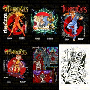 A grid of 6 Thundercats designs, including Cheetara, Tygra, a young Lion-O, and Mumm-Ra, in a vintage poster style.