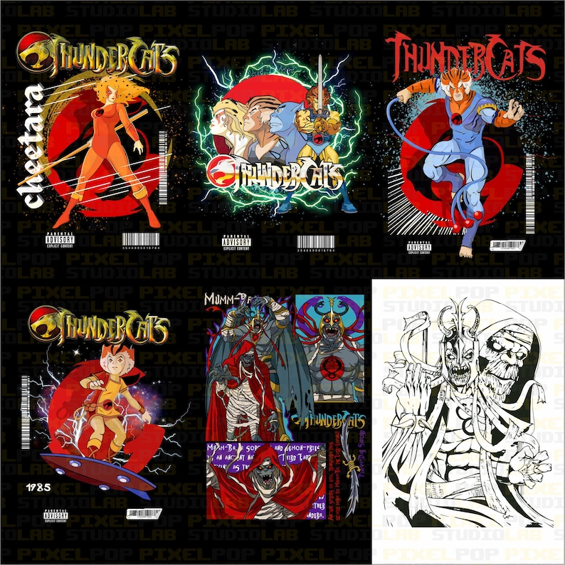 A grid of 6 Thundercats designs, including Cheetara, Tygra, a young Lion-O, and Mumm-Ra, in a vintage poster style.
