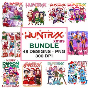 May include: A digital art bundle featuring the text "HUNTRAX xmas BUNDLE" with 48 designs in PNG format. The designs include anime-style characters in Christmas attire, with the text "MERRY DEMON HUNTERS CHRISTMAS" and "DERPY".