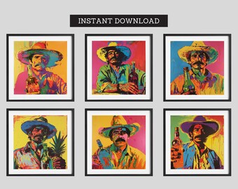 Mexican Man with Tequila Bottle Prints, Mexican Art, Poster, Mexico Wall Art, Mexican Decor| Digital Download Set of 6