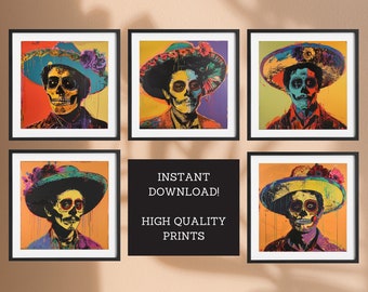 Mexican Man Sombrero and Skull Prints, Mexican Art, Poster, Mexico Wall Art, Mexican Decor| Digital Download Set of 5