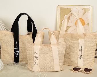 Sac de plage personnalisé en paille,Sac fourre-tout en toile de jute pour demoiselle d'honneur,Mini et grand sacs en paille,Sac fourre-tout en jute prénom,Sac de soirée bachelorette,Proposition de demoiselle d'honneur