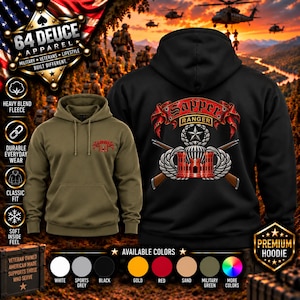 May include: A black hoodie featuring a red Sapper Ranger graphic with a star, parachute, and crossed rifles on the back, and a matching olive green hoodie with a small chest logo. Both hoodies have hoods, long sleeves, and front pockets.